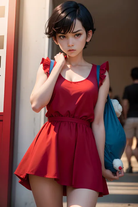 girl dressed in a short red dress, with red shorts under the dress, holding a blue stuffed rabbit in her right hand, short black hair, angry face