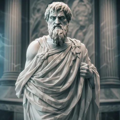 A realistic Greek white marble statue of aristotle brave scary detailed wearing a ghostly toga, fundo neutro, Moody, , fotorrealista, Scary Movie Dinner, super detalhada, hiper realista, luzes brilhantes, 8 K