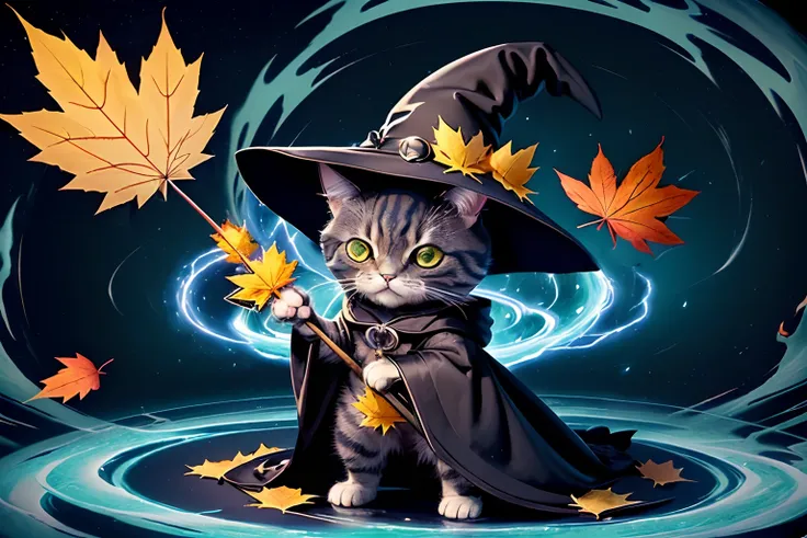 (standing deformed character of pop fantasy ridiculously absurdly cute cat:1.3), witch hat, black robe, magic maple leave wand, (swirling vortexes glow circle:1.1), (storm of maple leaves:1.4), (so cute:1.3), fantasy sticker illustration, water color, high...