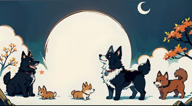 Dogs on both sides、Cute dog、Cheerful dog、wolf、Welsh corgi、A delightful、busy、Brown dog、Black dog、White dog、autumn night、Small crescent、Perspective、masutepiece、Super high-quality