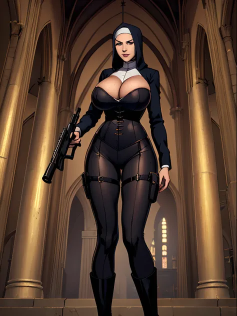 (masterpiece, top quality, best quality, official art, beautiful and aesthetic:1.2), (1girl:1.3), light freckles, fair skin, extremely detailed, portrait, looking at viewer, solo, (full body:0.6), detailed background, close up, (dark gothic theme:1.1), nun...