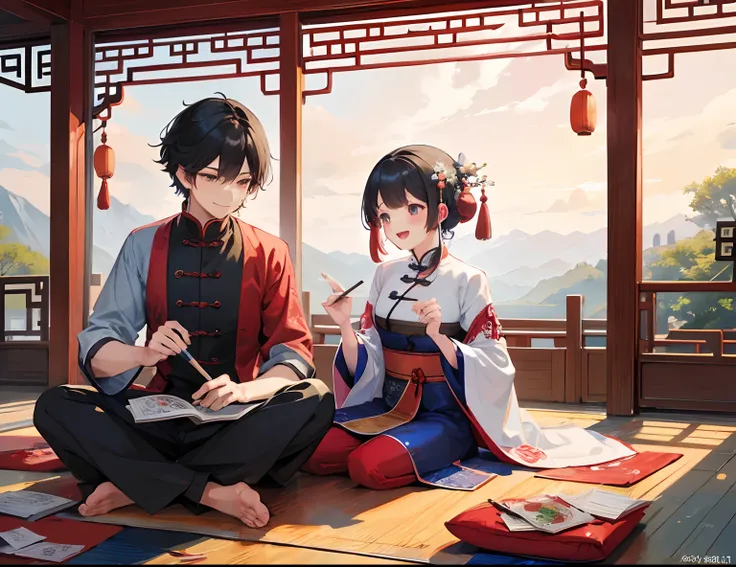 A couple bring Chinese scroll, calligraphy brush, laugh, romantic atmosphere, happy atmosphere, landscape