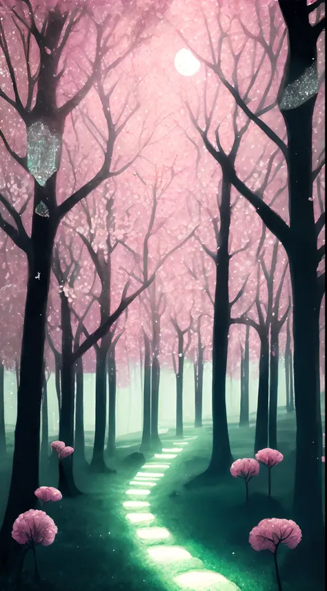 Alessandro Gotado, Cherry blossom forest，pink hues，Astral magic elements，rays of moonlight，A collision of light and shadow，From unknown crystals，Crystal focus，Green glow，Crystalline luminescence mineral luminescence