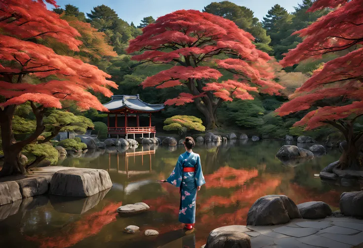 "Compose a serene and picturesque scene in the Botan Garden at Nanzen-ji Temple, Kyoto. The vivid hues of autumn maple leaves are reflected in the tranquil pond, creating a mesmerizing symphony of reds and oranges. In the foreground, a Japanese woman in he...