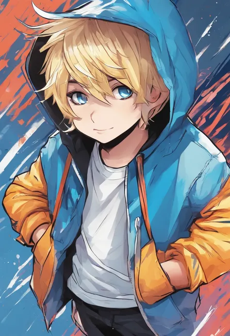 white backgrounid、Black hoodie with blue line、blond boy