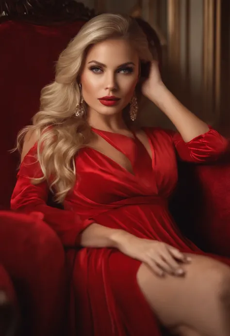 arafed woman in a red dress sitting on a couch, digital art by Eve Ryder, trending on cg society, digital art, cute woman, on a couch, a gorgeous blonde, sexy girl, blonde goddess, blonde woman, dressed in red velvet, jaw dropping beauty, blonde, beautiful...