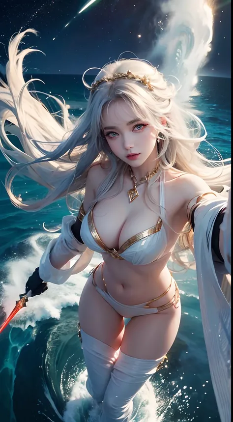 Sexy goddess，best qualityer，Snow-whiteskin，8K high quality，Sexy goddess，A pair of big eyes are beautiful and moving，White skin，Makeup，Red long-haired，curlies，Sexy outfit，aerial shot，Volt view，Look up，Armed with futuristic modern weapons，gold；jewely；Blue El...