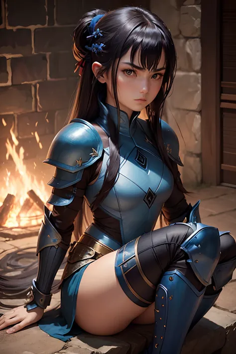 avatar of a warrior with half-short, half-long hair with highlights, dark blue armor, strong gaze