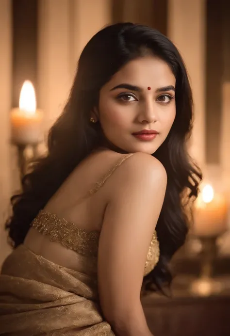 fair complexion, woman around 23 years old, natural black hair, distinctive black eyes, wearing saree, slender and graceful, beautiful, candlelight in a Indian style, ultra sharp focus, realistic shot, tetradic colors