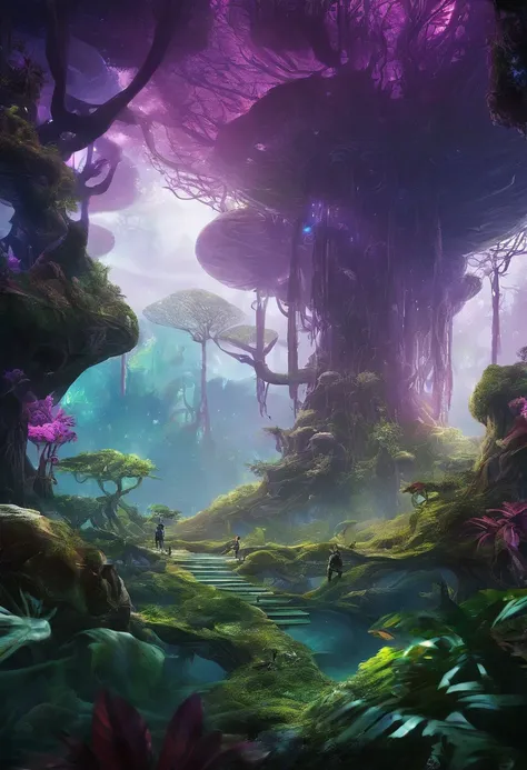 (2 pictures of cute Navi kids Tucker and Kelly），Have fun in the forests of the planet Pandora， (Tucker and Keeley: 1.5), (The tree of the soul of the Navi)
（The purple light of the soul tree seed floated）magical concept art, lush alien landscape, Alien Jun...