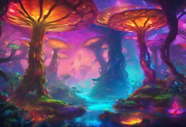 (2 pictures of cute Navi kids Tucker and Kelly），Have fun in the forests of the planet Pandora， (Tucker and Keeley: 1.5), (The tree of the soul of the Navi: 1.0)
（The purple light of the soul tree seeds floated）magical concept art, lush alien landscape, Ali...