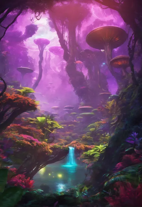 (2 pictures of cute Navi kids Tucker and Kelly），Have fun in the forests of the planet Pandora， (Tucker and Keeley: 1.5), (The tree of the soul of the Navi)
（The purple light of the soul tree seed floated）magical concept art, lush alien landscape, Alien Jun...