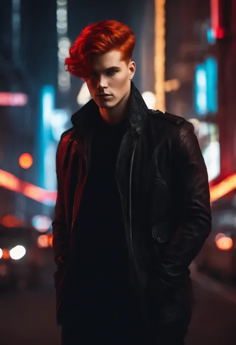 Red Hair Short Hair Two Block Man Dressed in Black Cyber Background