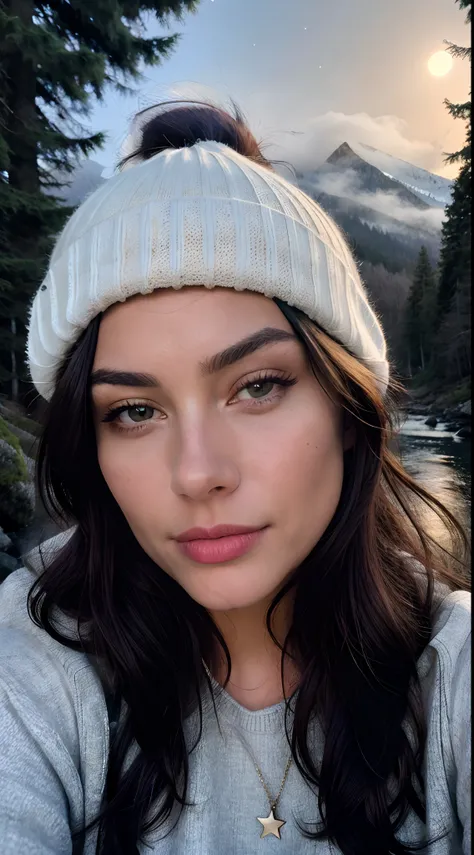 photorealistic, best quality, hyper detailed, beautiful woman, selfie photo, upper body, solo, wearing pullover, outdoors, (night), mountains, real life nature, stars, moon, (cheerful, happy), sleeping bag, gloves, sweater, beanie, flashlight, forest, rock...