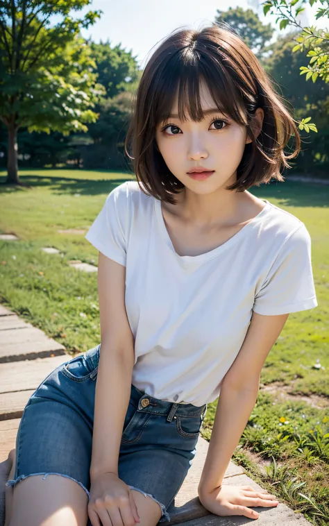 (masutepiece:1.3), (8K, Photorealistic, Raw photography, Best Quality: 1.4), Soft light, Professional Lighting, 1girl in,  16 years old, Cute, Neat and clean beauty, sad, Brown Short Hair, Bangs, Outdoors