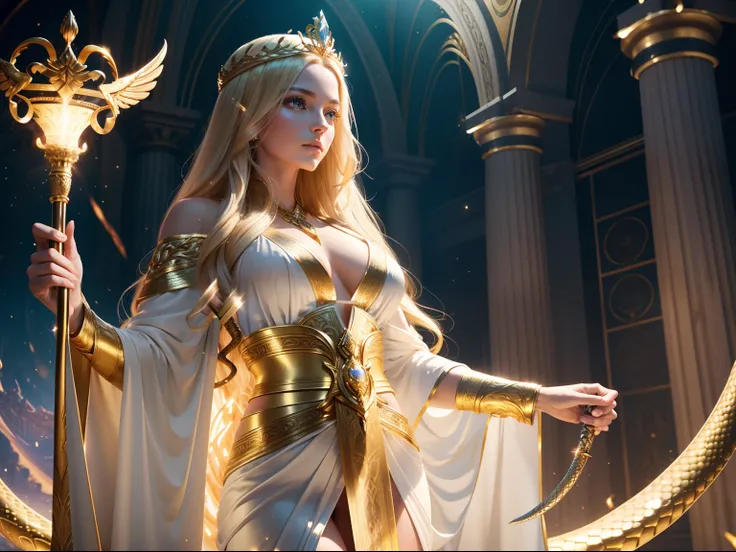 Realistic waist up photo of a Goddess Thesis, ethereal body, a python wrapped around the body,  wears a white and gold robe, winged body, beautiful European woman, golden crown on his head, blond (long hair), holds a golden scepter in his hand, smooth serp...