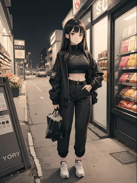 1 girl, standing, wearing black crop top, black jacket, black pants, and white shoes. holding a bag of groceries, worrying expression, beautiful face, white long hair, 18 years old. night time at the outside of a store background.