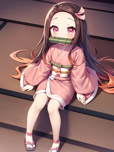 Fingers, masutepiece, Best Quality, intricate detailes, Upper body, 1girl in, Chibi Nezuko, (Chibi:1.1), multicolored hair, (Oversized clothes:1.5), Pink kimono, bit gag, haori, Sandals, Checkered sash, Hair Ribbon, Pink eyes, Tatami mats, Happy, Seated