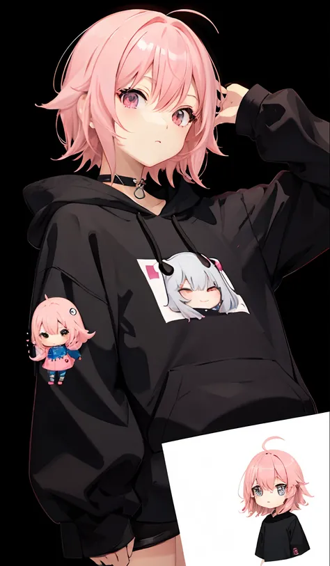 Bob Hair、Light pink hair、Anime style、illustratio、a cool、cute little、Black hoodie、Red background、Cyber