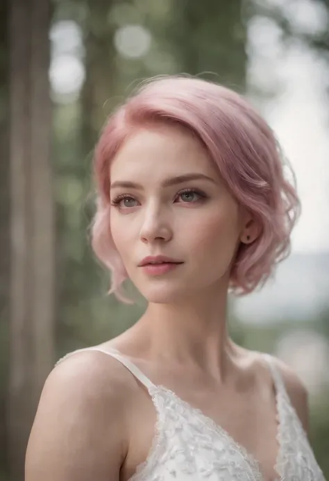 arcanevi, a woman with medium short pink hair wearing a white dress, female face, unreal engine character art, portrait