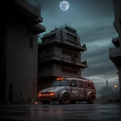 gopro shot of a (cyberpunk armored van) zeekars, 3/4 front view, wide angle action shot, post-apocalyptic, outdoors, night, road, destruction, urban decay, moonlight, full moon in background, masterpiece, photorealistic, 8k, high detail, dark theme,