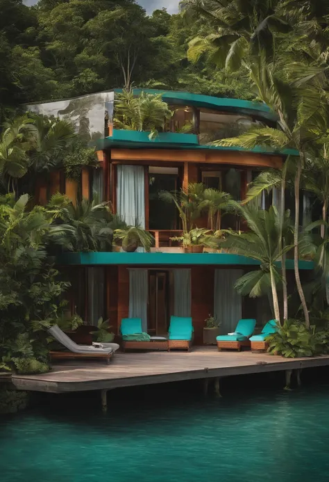 Single-family duplex house next to a tropical body of water and forests