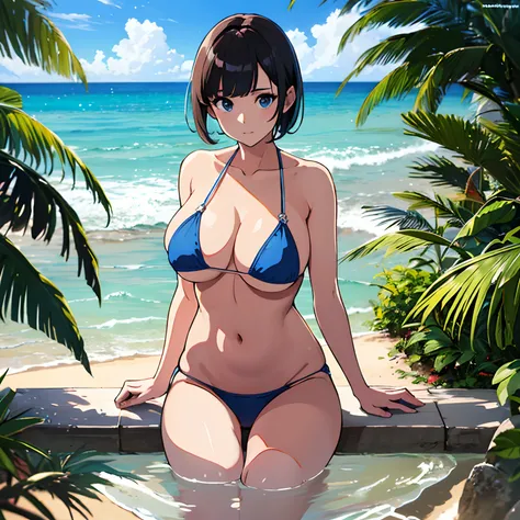 (Best Quality, 8K, masutepiece :1.3),((beautiful boob,Protruding areola,,)),Highly detailed,Blue Micro Bikini,Midsummer beach,Blue Sea,A dark-haired