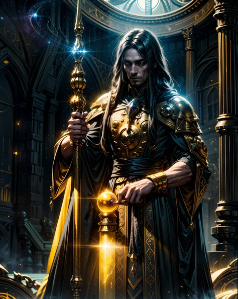 a man, mage, yellow long hair, dark fantasy, detailed yellow and black cosmic robe, cosmic staff