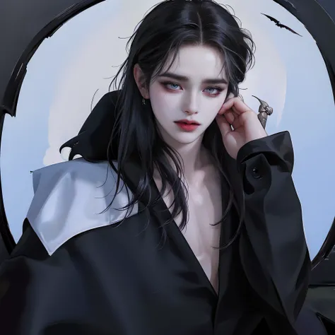 ((4K works))、​masterpiece、（top-quality)、((high-level image quality))、((one beautiful women))、Slim body、((Black Y Shirt Fashion))、(Detailed beautiful eyes)、Crow on black horror background、((Face similar to Chaewon in Ruseraphim))、((shoulder-length hair))、((...