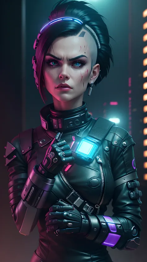 ultra detailed shot of a woman holding a gun and wearing biker leather clothes, she has robot arms,((full body:1.2)) she looks angry, she has cybernetic prosthetics, one deep scar, (((half-shaved bob hairstyle))) ultra futuristic city with neon lights, ver...