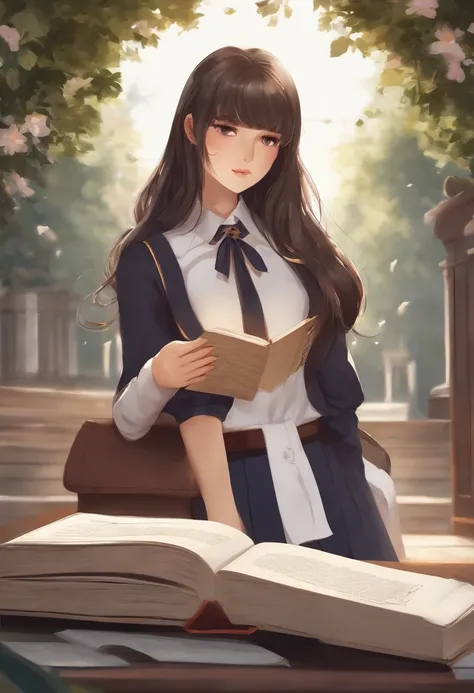 Anime brunette schoolgirl, white backgrounid，looking at book，lendo livros，Read