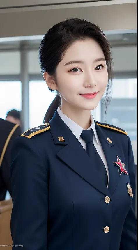 Realistic photos of (1 cute Korean star) slicked hair back, thin makeup, slightly smile, 32 inch breasts size, wearing alflight attendance uniform, in airport gate, close-up portrait, UHD