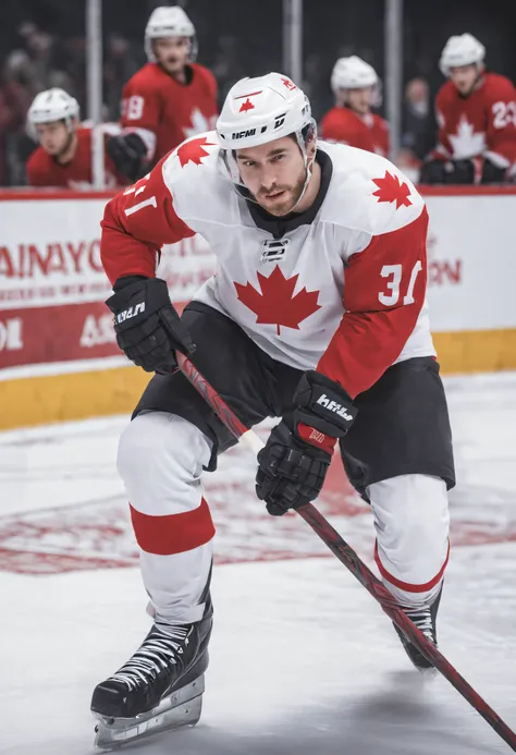 canadian ice hockey players、maple mark in the center of the uniform、white uniform with red maple mark、ice hockey games、assault s...