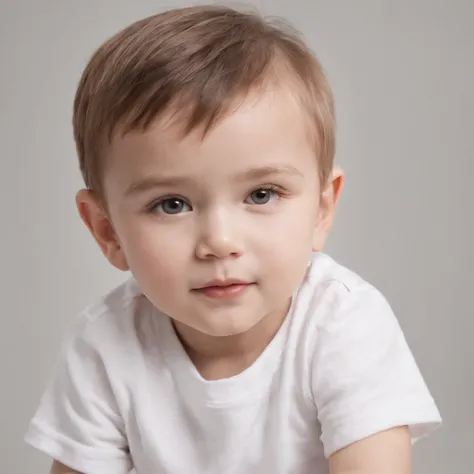 (photo: 1.3) af (realism: 1.4), ((child, child)) ((white T-shirt)), cute, super high resolution, (realism: 1.4), 1 Little boy, portrait close-up, soft light, short hair, facial focus, cheerful, young, confident, ((gray background)), (((monochrome backgroun...