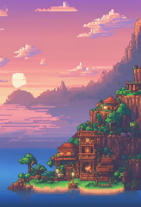 Pixel art tourism destination landscape. Evening. 3D pixel art 4K wallpaper. Incredible pixel art detail. Pixel art. Steam waves. Detailed Unreal Engine pixel art.Huge whales