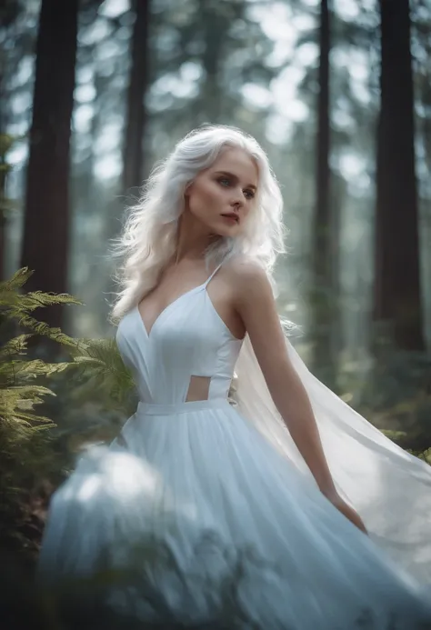 1 girl with blue eyes white hair full white dress looking at the viewer background forest aesthetic