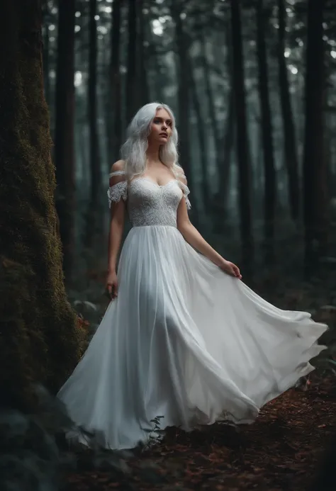 1 girl with blue eyes white hair full white dress looking at the viewer background forest aesthetic