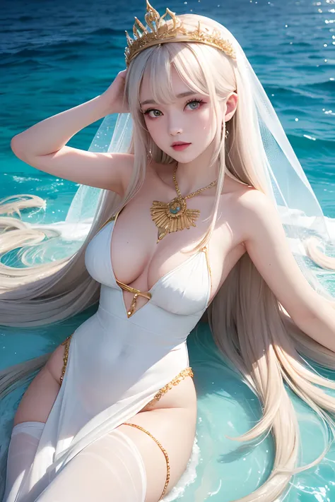 Sexy goddess，best qualityer，Snow-whiteskin，8K high quality，Sexy goddess，A pair of big eyes are beautiful and moving，Golden crown，Dressed in white veil，The lower body is a long white gauze dress，White skin，Makeup，Red long-haired，curlies，Sexy outfit，Volt vie...