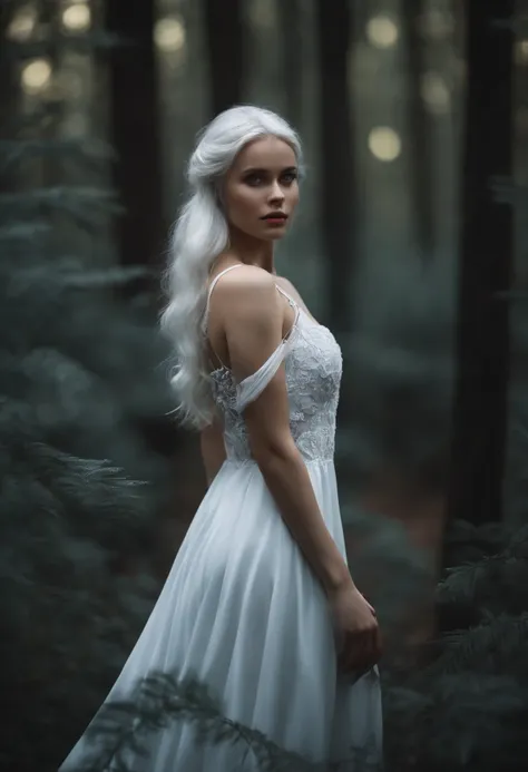 1 girl with blue eyes white hair full white dress looking at the viewer background dark forest aesthetic