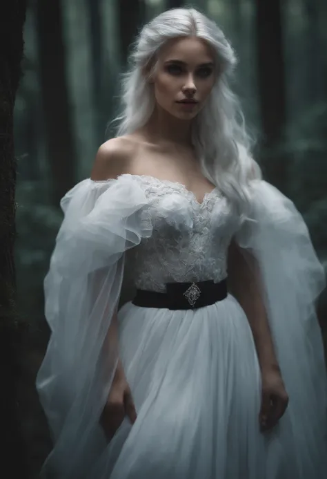 1 girl with blue eyes white hair full white dress looking at the viewer background dark forest aesthetic