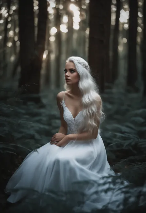 1 girl with blue eyes white hair full white dress looking at the viewer background dark forest aesthetic