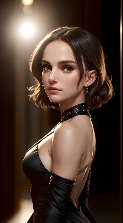 (sharp focus:1.2), 1girl,natalie portman wearing (little black tdress:1.2) at a (gala:1.2),looking at camera,front view,cowbot shot,centered view, (moody lighting:1.2), depth of field, bokeh, 4K, HDR. by (Alphonse Mucha:1.1).