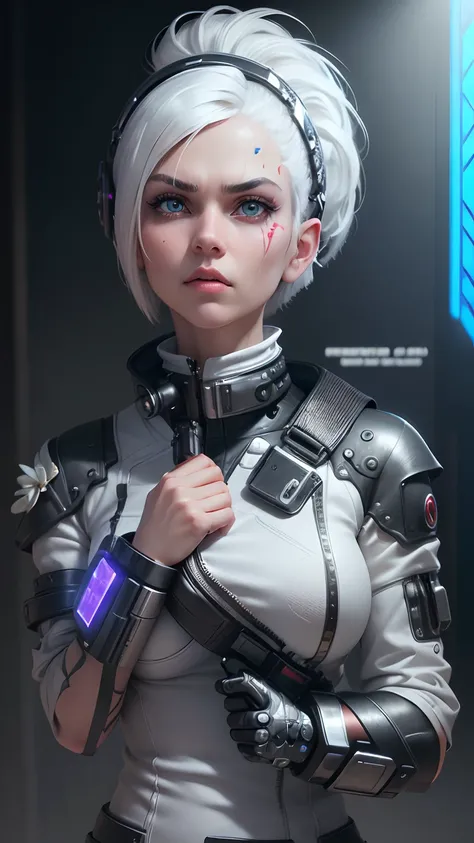 ultra detailed shot of a woman holding a gun and wearing biker leather clothes, ((full body:1.2)) she looks angry, she has cybernetic prosthetics, one deep scar, (((half-shaved bob hairstyle))) ultra futuristic city with neon lights, very bright colors, sh...