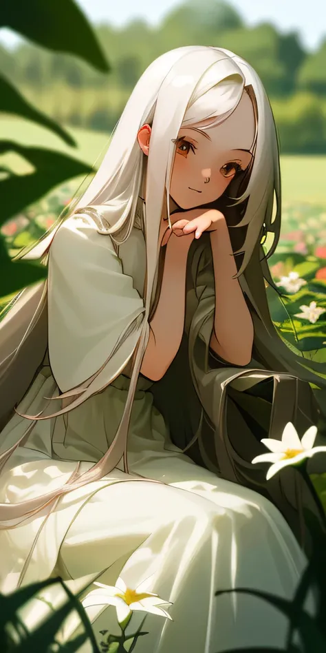 (masterpiece, best quality),1girl with long white hair sitting in a field of green plants and flowers, her hand under her chin, warm lighting, white dress, blurry foreground