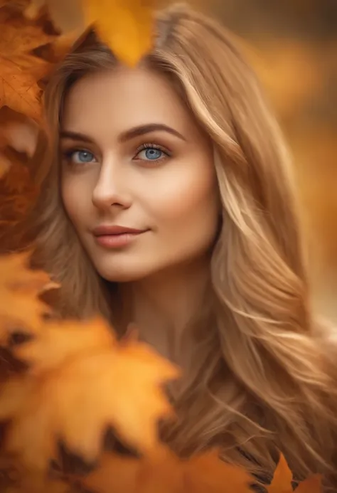 Girl close-up portrait, teasing dynamic poses, detailed eyes, detailed face, blond hair, focused on the face and blurred the falling maple leaves on girls face, ver extremely detailed, ultra high high detailed portrait, 24K UHD graphics resolution, best qu...