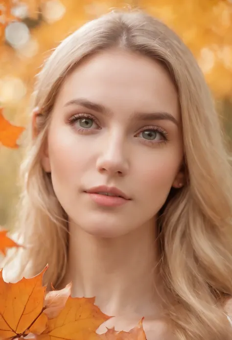 Girl close-up portrait, teasing dynamic poses, detailed eyes, detailed face, blond hair, focused on the face and blurred the falling maple leaves on girls face, ver extremely detailed, ultra high high detailed portrait, 24K UHD graphics resolution, best qu...