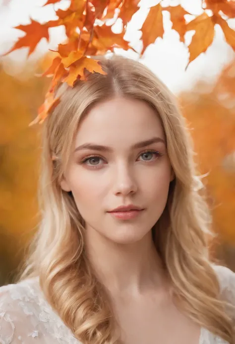 Girl close-up portrait, teasing dynamic poses, detailed eyes, detailed face, blond hair, focused on the face and blurred the falling maple leaves on girls face, ver extremely detailed, ultra high high detailed portrait, 24K UHD graphics resolution, best qu...