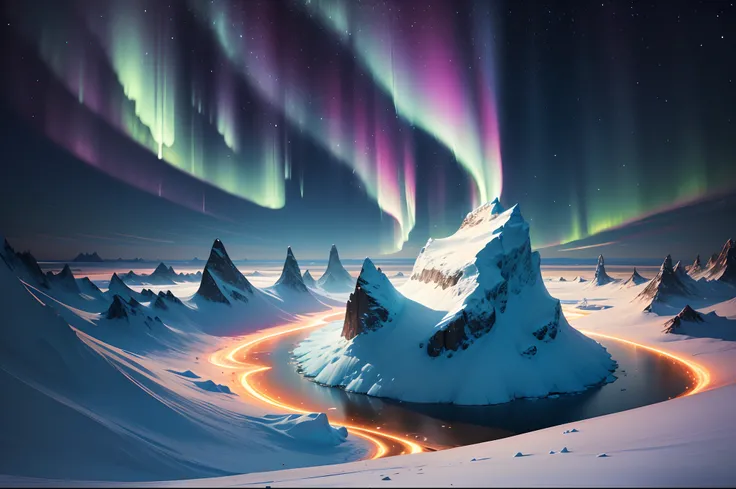 (aurora,luminous),arctic,glowing lights,northern lights,icy landscape,cold (temperature),dazzling colors,shimmering skies,polar region,remote and desolate,tranquil beauty,frozen ocean,glimmering icebergs,snow-covered mountains,ethereal atmosphere,secluded ...