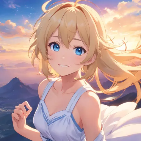 top-quality、​masterpiece、8K、Blonde girl in white dress（long、Blue eyes、A smile）、Fantastical、blue-sky、Lush steppe、low angles、Floating in the air、foco nítido:1.2.、huge tit、Nipples are coming out