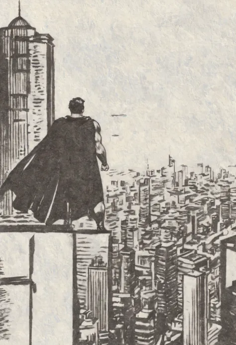 inkdrawing portrait of superman looking over metropolis from atop a skyscraper, by kr355e